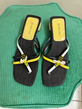 Ann Marino Black Slide Mules with Yellow & White Straps